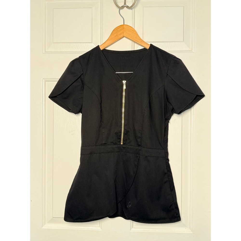 Jaanuu Signature Tulip Scrub Top Black Gold Zip Peplum Medical Workwear XS